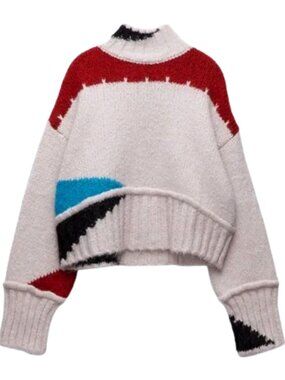 *NWOT Rare Zara Colorblock Abstract Wool Blend Cropped Sweater Size Large